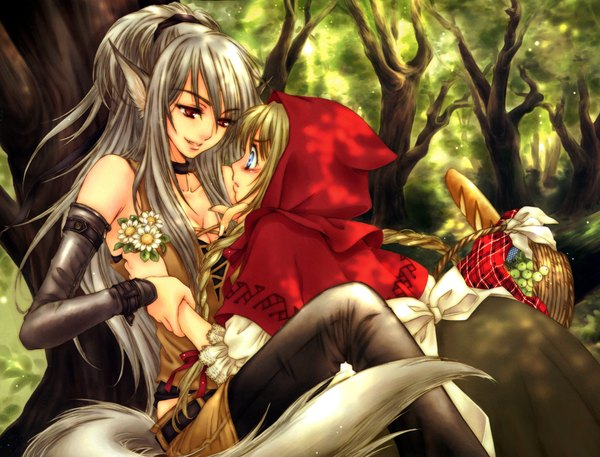 Anime picture 2100x1600 with little red riding hood little red riding hood (character) big bad wolf sakura shio highres light erotic shoujo ai