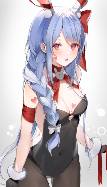 Anime picture 2892x5031 with virtual youtuber hololive usada pekora 2sham single long hair tall image looking at viewer blush fringe highres breasts open mouth light erotic simple background standing bare shoulders holding animal ears payot