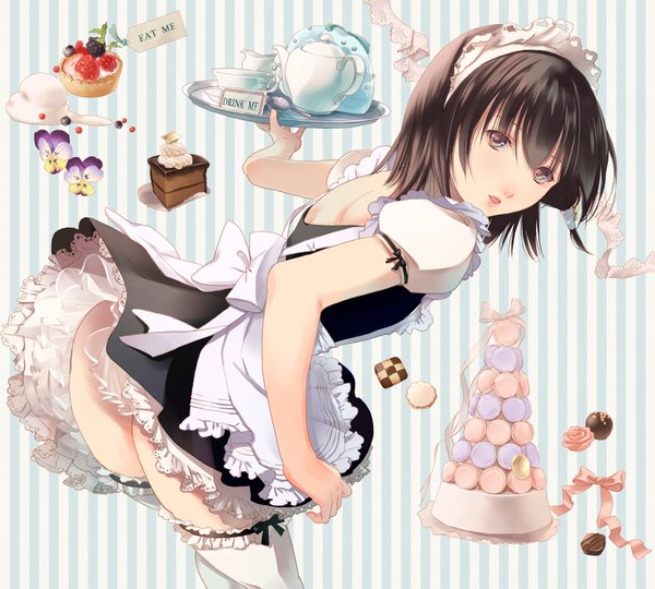 Anime picture 2000x1800 with getbackers studio deen fuuchouin kazuki hirai chika single looking at viewer highres short hair open mouth light erotic brown hair brown eyes ass maid bent over otoko no ko thighhighs dress boy flower (flowers)