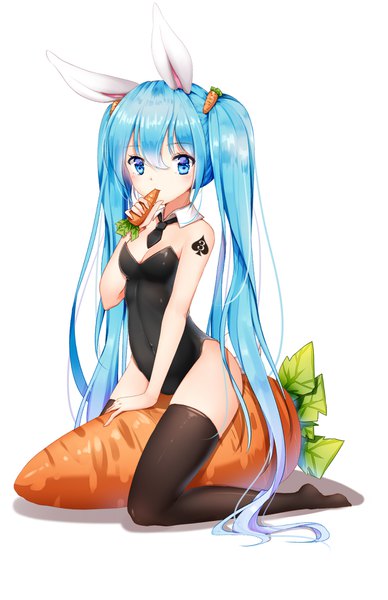 Anime picture 1181x1823 with vocaloid hatsune miku douya (233) single tall image looking at viewer fringe blue eyes light erotic simple background hair between eyes white background twintails animal ears blue hair cleavage full body tail very long hair animal tail