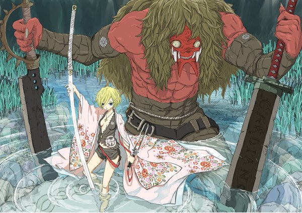 Anime picture 1087x769 with blade chronicle arakawa (aintnoroom) short hair blue eyes blonde hair japanese clothes girl weapon plant (plants) sword water katana pendant huge weapon monster huge sword nodachi