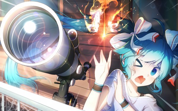 Anime picture 1500x942 with vocaloid hatsune miku qys3 single looking at viewer open mouth blue eyes twintails blue hair very long hair one eye closed girl bow hair bow fire telescope