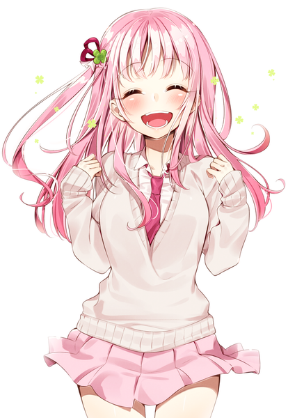 Anime picture 1154x1670 with original sakuragi ren single long hair tall image blush open mouth simple background white background pink hair eyes closed pleated skirt one side up happy ^ ^ girl skirt miniskirt sweater pink skirt