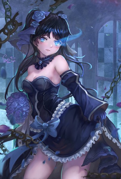 Anime picture 1920x2837 with black rock shooter black rock shooter (character) yan guang aoxiang single long hair tall image looking at viewer blush fringe highres breasts blue eyes black hair standing cleavage indoors two side up glowing glowing eye (eyes) checkered