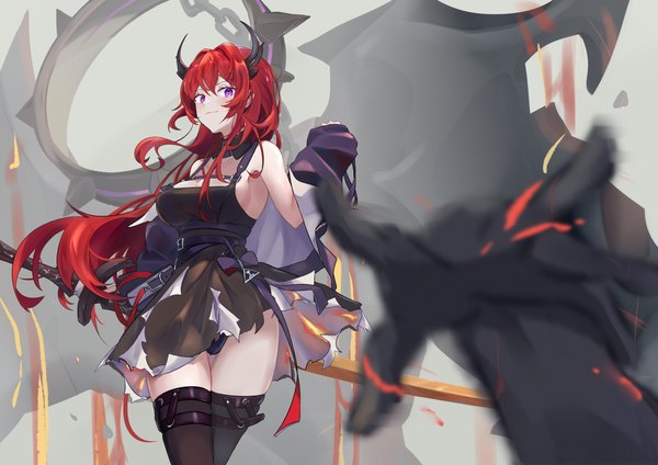 Anime picture 5788x4093 with arknights surtr (arknights) ruosin (heng02201) single long hair looking at viewer blush fringe highres breasts light erotic smile hair between eyes standing purple eyes absurdres cleavage red hair horn (horns) blurry