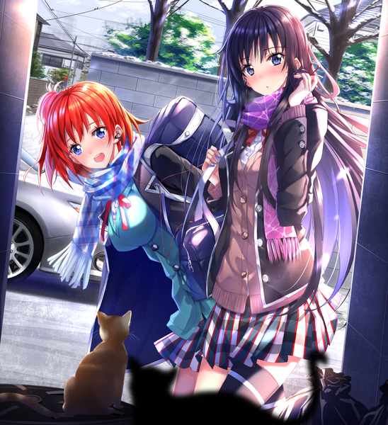 Anime picture 1359x1486 with yahari ore no seishun love comedy wa machigatteiru. brains base (studio) yukinoshita yukino yuigahama yui swordsouls long hair tall image looking at viewer blush fringe short hair breasts open mouth blue eyes black hair standing purple eyes multiple girls bent knee (knees) pleated skirt