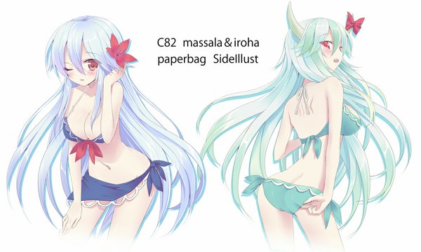 Anime picture 1000x600 with touhou kamishirasawa keine ex-keine koikawa minoru long hair looking at viewer blush breasts open mouth light erotic simple background red eyes wide image large breasts white background multiple girls purple hair one eye closed looking back hair flower