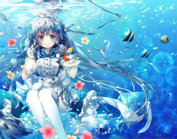 Anime picture 1500x1182 with original miwabe sakura single looking at viewer blue eyes smile blue hair very long hair maid underwater girl thighhighs dress flower (flowers) bow ribbon (ribbons) animal petals white thighhighs apron