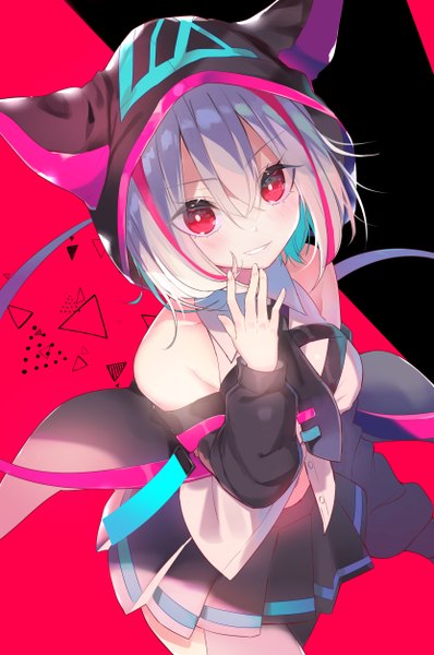 Anime picture 3327x5014 with z/x zillions of enemy x nekoboshi sakko single tall image looking at viewer blush fringe highres short hair breasts simple background smile hair between eyes red eyes standing payot absurdres silver hair pleated skirt multicolored hair