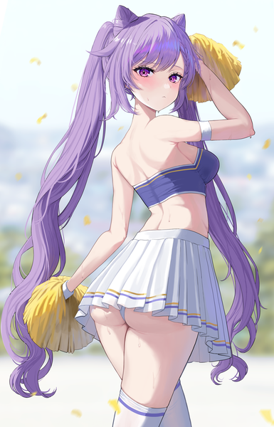 Anime picture 3314x5169 with genshin impact keqing (genshin impact) kuuhaku (wutt5584) single long hair tall image looking at viewer blush fringe highres breasts light erotic standing purple eyes twintails holding absurdres purple hair ass braid (braids)