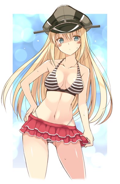 Anime picture 1000x1524 with kantai collection bismarck battleship oota yuuichi single long hair tall image looking at viewer blush fringe breasts light erotic blonde hair aqua eyes hand on hip ass visible through thighs framed girl skirt swimsuit miniskirt
