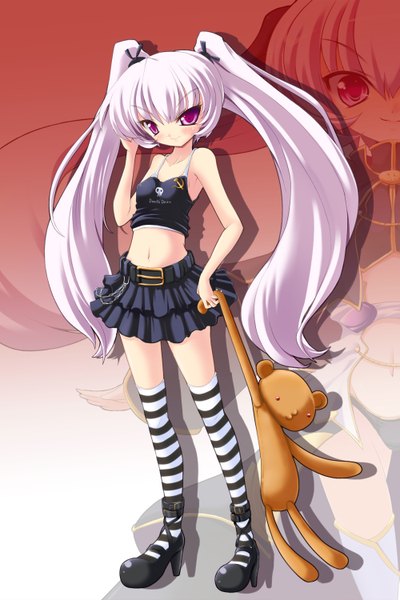 Anime picture 1000x1500 with original torisan single long hair tall image blush purple eyes twintails white hair midriff girl thighhighs navel miniskirt toy stuffed animal striped thighhighs