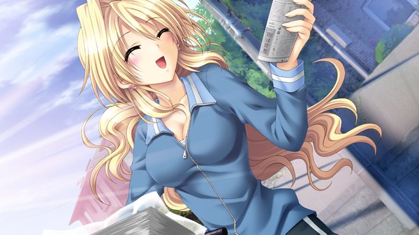 Anime picture 1280x720 with mashiro summer amagi sakino ikura nagisa long hair open mouth blonde hair wide image game cg eyes closed girl