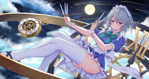 Anime picture 2618x1389 with touhou izayoi sakuya cocoablue23 single looking at viewer blush fringe highres short hair light erotic hair between eyes wide image sitting purple eyes silver hair light smile maid space girl thighhighs
