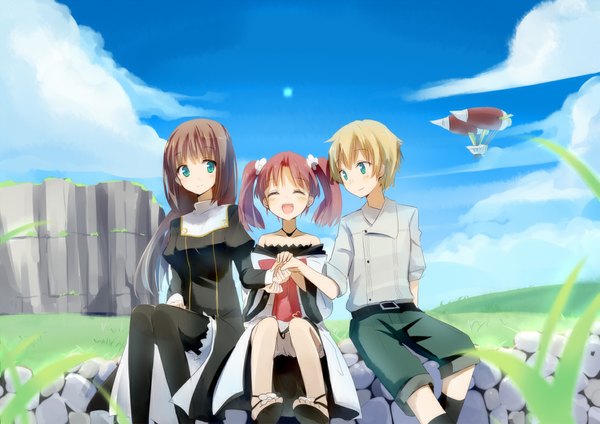 Anime picture 1092x773 with fractale nessa clain phryne gotyou long hair short hair open mouth blonde hair brown hair twintails multiple girls green eyes pink hair eyes closed aqua eyes holding hands short twintails group girl