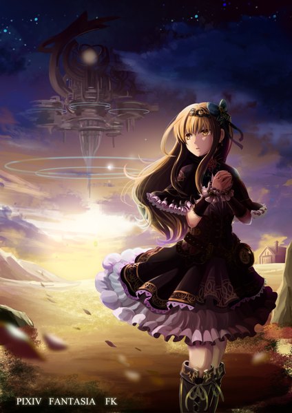 Anime picture 2480x3508 with original pixiv fantasia pixiv fantasia fallen kings tagme (artist) single long hair tall image fringe highres brown hair standing yellow eyes cloud (clouds) sunlight night night sky mountain lacing sunbeam girl