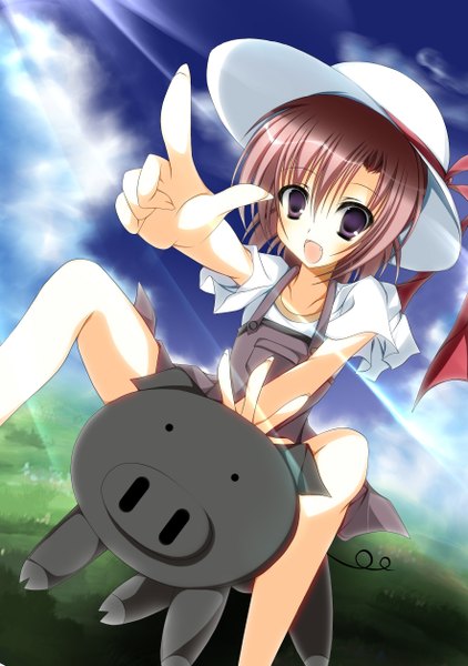 Anime picture 1768x2515 with nanahosi seiiki (artist) single tall image highres short hair open mouth smile brown hair purple eyes sunlight teeth loli fang (fangs) pointing riding girl ribbon (ribbons) hat animal pig