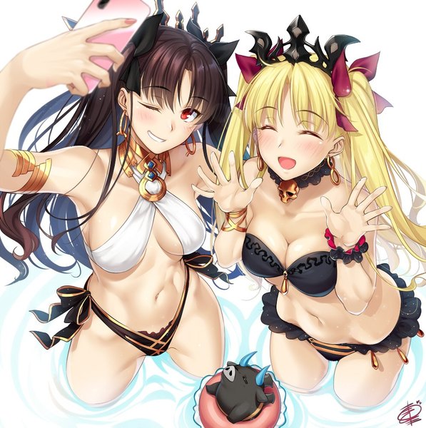 Anime picture 994x1000 with fate (series) fate/grand order ishtar (fate) ereshkigal (fate) okitakung long hair tall image blush fringe breasts open mouth light erotic black hair blonde hair simple background smile hair between eyes large breasts white background bare shoulders