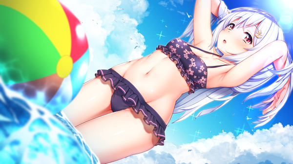 Anime picture 2240x1260 with virtual youtuber .live yozakura tama azihurai single long hair looking at viewer blush fringe highres open mouth light erotic hair between eyes red eyes wide image payot sky cloud (clouds) outdoors white hair