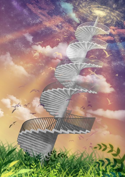 Anime picture 2480x3508 with original windgun tall image highres sky cloud (clouds) sunlight plant (plants) animal bird (birds) star (stars) grass stairs