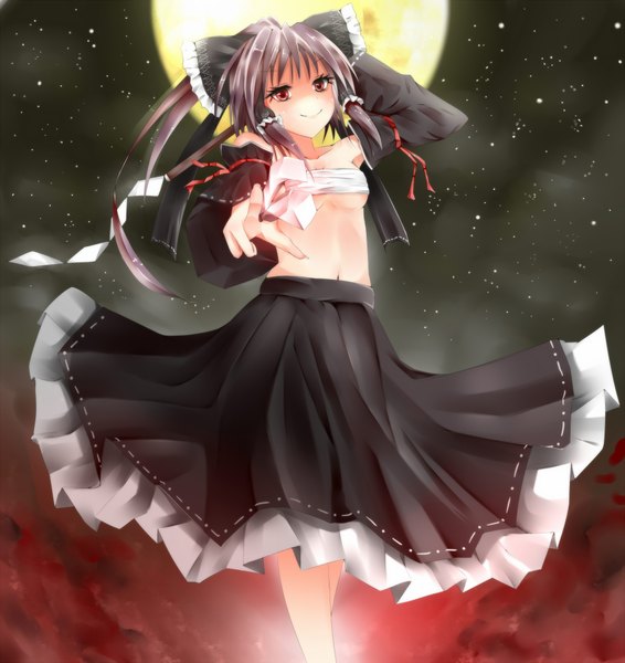 Anime picture 1900x2012 with amatsuki hotaru single tall image highres black hair red eyes night midriff pointing girl skirt navel bow hair bow detached sleeves moon bandage (bandages)