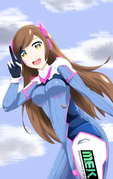 Anime picture 2700x4280 with overwatch blizzard entertainment d.va (overwatch) gokkotryu single long hair tall image looking at viewer fringe highres open mouth smile brown hair standing yellow eyes sky cloud (clouds) :d arm up teeth