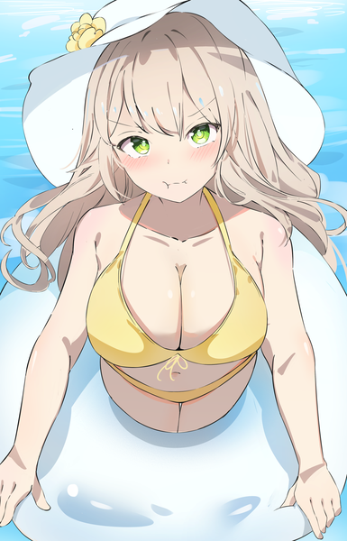 Anime picture 1364x2125 with blue archive nonomi (blue archive) nonomi (swimsuit) (blue archive) runep single long hair tall image looking at viewer blush breasts light erotic blonde hair large breasts standing green eyes from above official alternate costume pout girl swimsuit