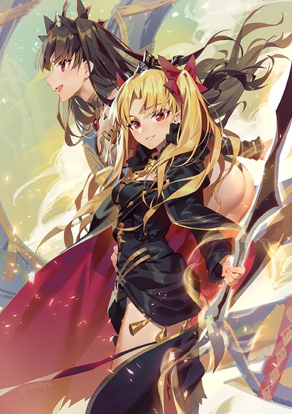 Anime picture 595x842 with fate (series) fate/grand order ishtar (fate) ereshkigal (fate) jofang long hair tall image looking at viewer fringe light erotic black hair blonde hair smile red eyes multiple girls holding ass profile two side up hand on hip