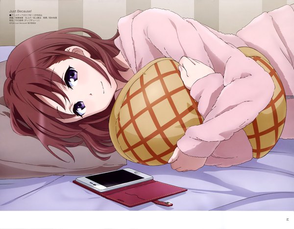 Anime picture 4097x3199 with just because! megami magazine pine jam natsumi mio takahashi mizuka single long hair looking at viewer highres brown hair purple eyes absurdres lying scan official art on side pillow hug girl pillow mobile phone