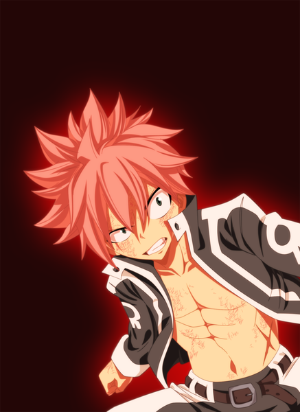 Anime picture 1500x2057 with fairy tail natsu dragneel advance996 single tall image short hair simple background green eyes pink hair grin coloring red background muscle angry boy pants fist