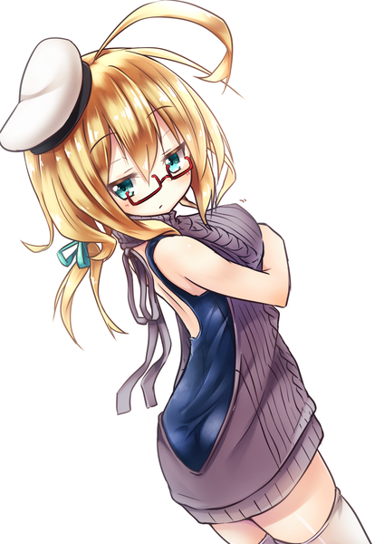 Anime picture 1191x1684 with kantai collection i-8 submarine yuki kawachi single long hair tall image blush fringe breasts light erotic simple background blonde hair hair between eyes large breasts white background looking away ahoge ass looking back aqua eyes