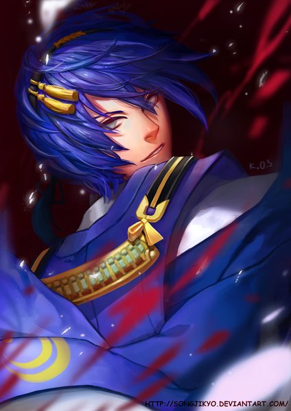 Anime picture 2480x3508 with touken ranbu nitroplus mikazuki munechika songjikyo single tall image looking at viewer fringe highres short hair blue hair traditional clothes japanese clothes inscription grey eyes eyebrows boy clothes