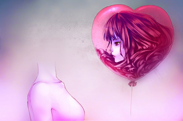 Anime picture 1127x745 with original hachiyuki single long hair simple background red eyes pink hair red hair profile headless girl heart balloon