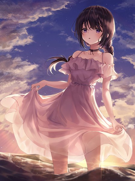 Anime picture 900x1202 with original heeri single long hair tall image looking at viewer blush fringe open mouth hair between eyes brown hair standing purple eyes bare shoulders payot sky cloud (clouds) braid (braids) wind partially submerged