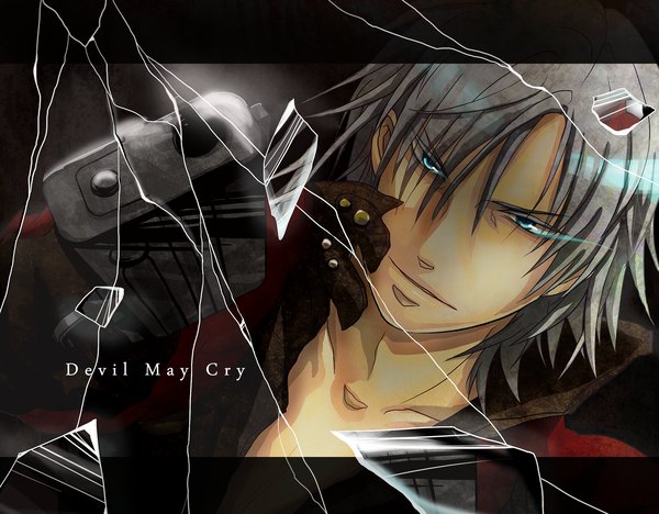 Anime picture 2500x1950 with devil may cry dante (devil may cry) w. (pixiv) single highres short hair blue eyes grey hair inscription glowing glowing eye (eyes) open collar boy gloves weapon gun debris