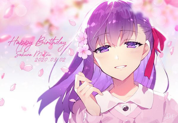 Anime picture 1840x1280 with fate (series) fate/stay night matou sakura redrop single long hair looking at viewer highres purple eyes purple hair upper body hair flower character names cherry blossoms dated happy birthday girl flower (flowers) ribbon (ribbons) hair ribbon