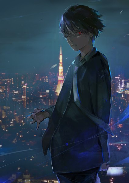 Anime picture 1400x1980 with tokyo ghoul studio pierrot kaneki ken kyuuba melo single tall image looking at viewer short hair red eyes standing purple hair wind night night sky heterochromia turning head city cityscape city lights tokyo