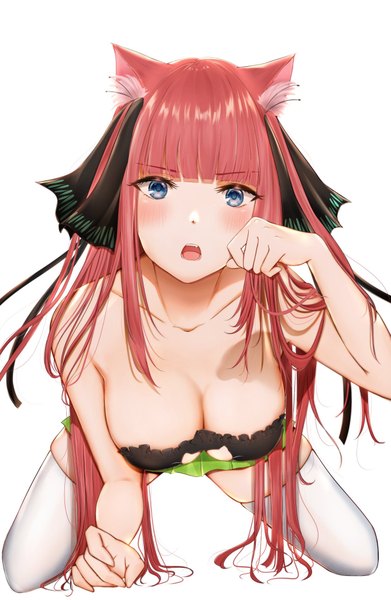 Anime picture 1336x2048 with go-toubun no hanayome nakano nino uiri-na single long hair tall image looking at viewer blush fringe breasts open mouth blue eyes light erotic simple background white background bare shoulders animal ears payot red hair blunt bangs