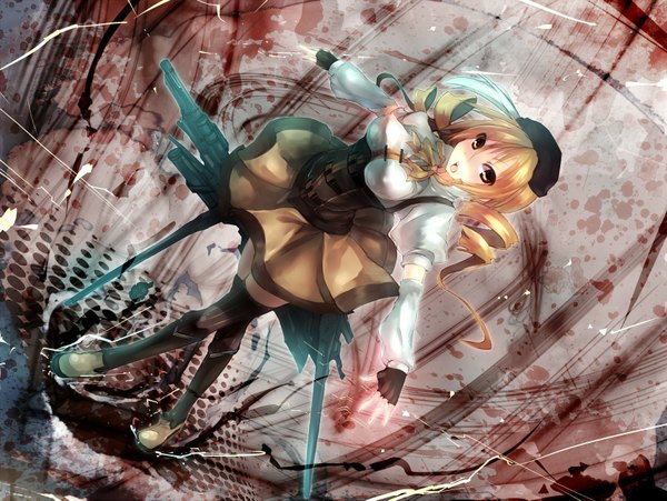 Anime picture 1700x1279 with mahou shoujo madoka magica shaft (studio) tomoe mami single looking at viewer fringe breasts open mouth light erotic blonde hair twintails brown eyes drill hair girl thighhighs weapon boots fingerless gloves gun rifle