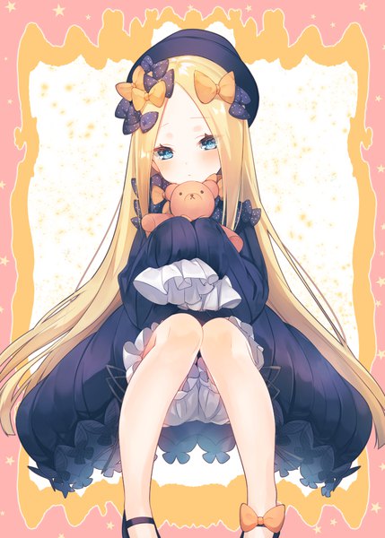 Anime picture 800x1119 with fate (series) fate/grand order abigail williams (fate) suzuho hotaru single long hair tall image looking at viewer blush blue eyes blonde hair sitting long sleeves girl dress bow hair bow hat black dress toy
