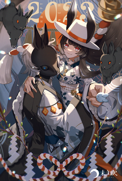 Anime picture 2976x4404 with original michikake16 long hair tall image looking at viewer highres short hair black hair red eyes animal ears silver hair traditional clothes japanese clothes looking back bunny ears new year animal print hand on another's shoulder happy new year 2023