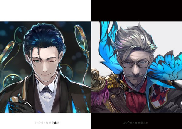Anime picture 1358x969 with fate (series) fate/grand order james moriarty (fate) sherlock holmes (fate) shirabi looking at viewer short hair blue eyes smile green eyes blue hair one eye closed grey hair wink multiple boys portrait letterboxed boy glasses 2 boys