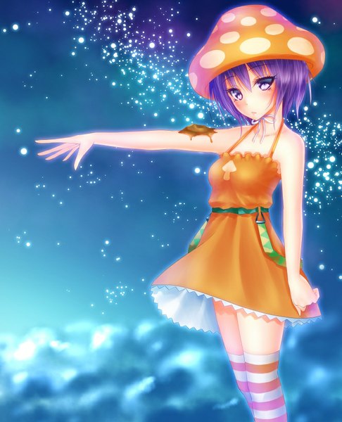 Anime picture 664x820 with noppi (noppi 98) single tall image looking at viewer blush short hair purple eyes purple hair sleeveless girl thighhighs dress headdress striped thighhighs