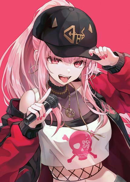 Anime picture 1500x2100 with virtual youtuber hololive hololive english mori calliope mori calliope (streetwear) myung yi single long hair tall image looking at viewer blush fringe breasts simple background holding animal ears pink hair upper body ponytail blunt bangs