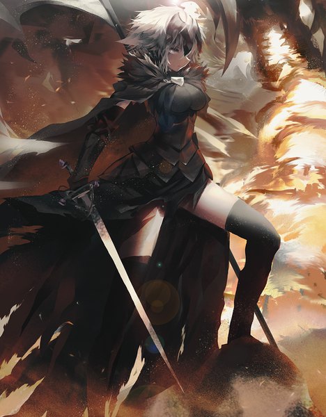 Anime picture 1000x1282 with fate (series) fate/grand order fate/apocrypha jeanne d'arc (fate) (all) jeanne d'arc alter (fate) zen33n single tall image fringe short hair breasts light erotic hair between eyes bent knee (knees) wind grey hair grey eyes fur trim torn clothes girl