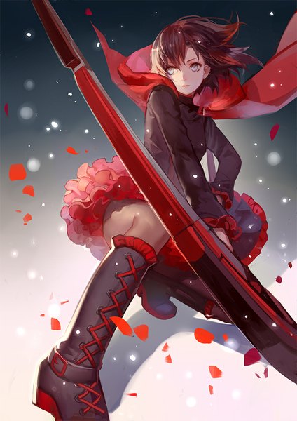 Anime picture 707x1000 with rwby rooster teeth ruby rose ask (askzy) single tall image blush short hair black hair sitting looking away full body red hair lips silver eyes girl skirt weapon petals pantyhose