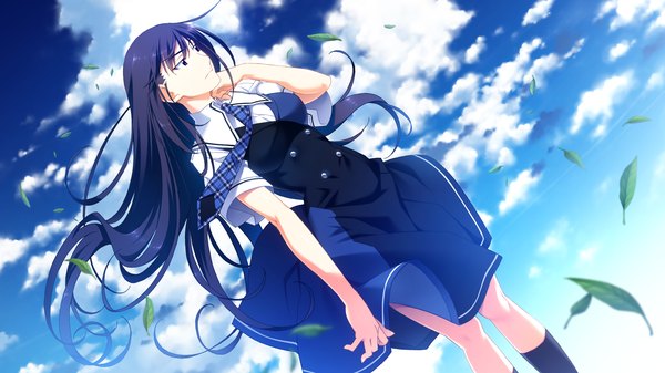 Anime picture 2048x1152 with grisaia no kajitsu sakaki yumiko watanabe akio long hair highres black hair wide image game cg cloud (clouds) pink eyes wind girl serafuku