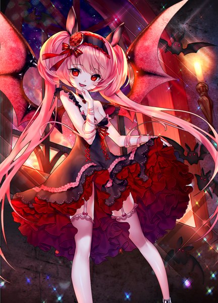 Anime picture 1300x1805 with original black joa single tall image looking at viewer fringe open mouth light erotic smile red eyes standing twintails animal ears pink hair very long hair :d sparkle fang (fangs) strap slip bat wings