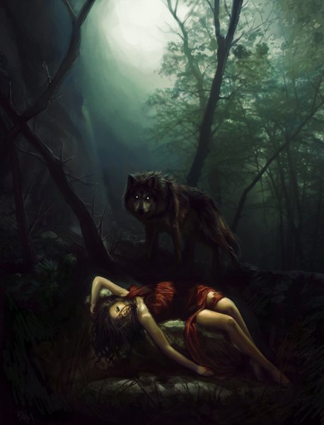 Anime picture 1024x1343 with original thebastardson (artist) long hair tall image black hair eyes closed realistic armpit (armpits) light sleeping makeup girl dress plant (plants) animal tree (trees) forest wolf