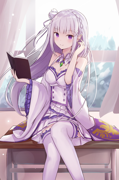 Anime picture 1454x2192 with re:zero kara hajimeru isekai seikatsu white fox emilia (re:zero) touhourh single long hair tall image looking at viewer fringe breasts smile hair between eyes sitting purple eyes bare shoulders holding cleavage silver hair indoors blunt bangs